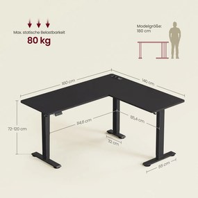 Secretária elétrica com altura ajustável, 160 x 140 x (72-120) cm, em forma de L, com tomadas, preta