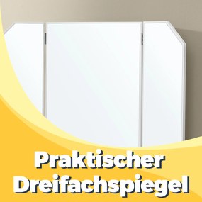 Toucador com espelho rebatível 40 x 100 x 140 cm e 2 gavetas e com 3 compartimentos abertos branco