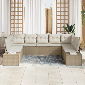 Conjunto de Sofá de Jardim 9 Peças com Almofadas Bege Rattan Poliéster