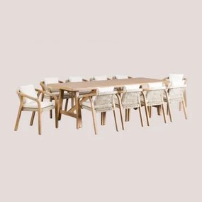 Conjunto De Mesa Retangular (260x100 Cm) E 10 Cadeiras De Jardim Em Madeira De Acácia Dubai Castanho Acácia Rústico & Tecido Gardénia Branco - Sklum