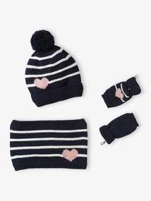 Agora -15% | Conjunto gorro + gola snood + luvas de polegar/mitenes às riscas/coração, para menina marinho