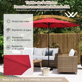 Guarda-sol 303 cm com mecanismo de inclinação de 25° e manivela, 8 varetas reforçadas para terraço, sem base, vermelho cor vinho