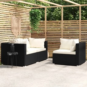 3 pcs conjunto lounge de jardim c/ almofadões vime PE preto