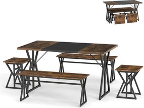 Conjunto de sala de jantar de 5 peças para 4-6 pessoas Mesa de cozinha retangular industrial com 2 bancos e 2 bancos altos castanho