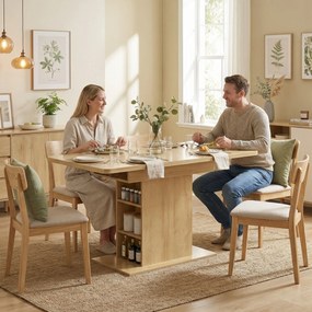 Mesa de jantar retangular extensível para 4 a 6 pessoas 110-130 cm, (BANCOS E CADEIRAS NÃO INCLUIDAS) com 6 prateleiras abertas, efeito madeira natura