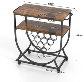Garrafeira de Metal e Porta Copos para Sala de Jantar Carrinho Bar Industrial com Rodas e Alças 83 x 40 x 83 cm Castanho Rústico