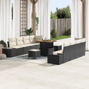 Conjunto de Sofá de Jardim de 11 Peças com Almofadas Preto Rattan Poliéster Acácia