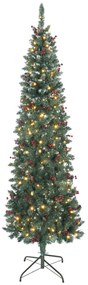 HOMCOM Árvore de Natal Slim 210 cm Árvore de Natal Artificial com Luzes LED Branco Quente 8 Modos de Iluminação 656 Ramos com Purpurina Prateada Pinhas Bagas e Suporte Metálico Verde