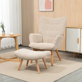 Poltrona com apoio para os pés, encosto alto, pernas de madeira e tecido com aspeto de veludo canelado, para sala de estar ou quarto, na cor bege