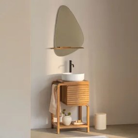 Conjunto De Móvel De Casa De Banho Em Madeira De Teca Bradley Cerâmica Redonda Branca Ø40 Cm Lenka & Preto Mate ↑30 Cm Com Válvula De Escoamento Sem T