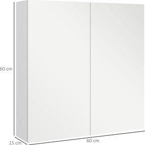 Armário de parede para casa de banho com espelho  60 x 15 x 60 cm, armário de arrumação com 2 portas e 3 níveis, prateleira ajustável, branco