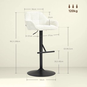 Conjunto de 2 bancos de bar com altura ajustável 52,5 x 53 x 86,5-108 cm, estofos com efeito de linho e base em aço  cor creme