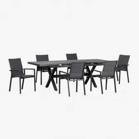 Conjunto De Mesa De Jardim Extensível Retangular 180-240x90 Cm E 6 Cadeiras De Jardim Empilháveis Com Braços De Alumínio Karena Cinza Grafito - Sklum