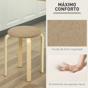 Conjunto de 4 Bancos Empilháveis Redondos (MESA NÃO INCLUIDA) Bancos Baixos de Cozinha com Assento Acolchoado Ø40x45 cm Caqui e Madeira