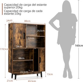 Armário de Madeira "Ollen" - 80 x 24 x 119,5 cm - 4 Níveis com Portas