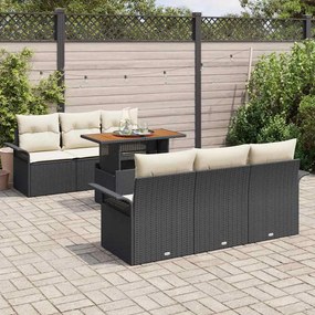 Conjunto de Sofá de Jardim de 7 Peças com Almofadas em Rattan Preto e