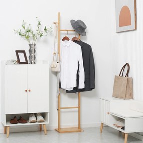HOMCOM Cabide de Pé de Bambu Cabide de Pé para Roupas com 2 Ganchos e 3 Barras Suspensas para Entrada Corredor Dormitório Estilo Moderno 36x24x168cm Madeira