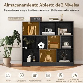 Estante com 120 x 24 x 104 cm 10 cubos de armazenamento com 3 níveis Estante de exposição de 120 cm para sala de estar/quarto Preto