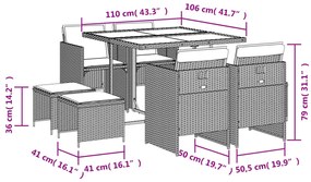 9 pcs conjunto de jantar p/ jardim com almofadões vime PE bege