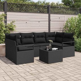 Conjunto de Sofá de 7 Peças para Jardim com Almofadas Preto Rattan Sintético