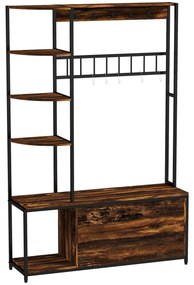 HOMCOM Móvel Cabide de Entrada com Sapateira Móvel de Entrada com Banco Prateleiras e Ganchos  120x35x180 cm Marrom Escuro