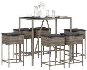 7 pcs conjunto de bar p/ jardim c/ almofadões vime PE cinzento