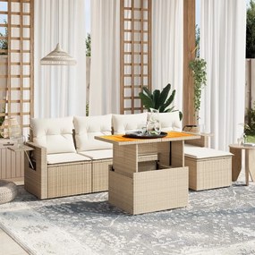 6 pcs conjunto de sofás p/ jardim com almofadões vime PE bege