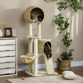 Arranhador  para gatos com arranhador de sisal natural, 2 nichos, plataforma, rede e peluche 60 x 60 x 150 cm, bege
