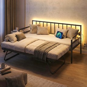 Sofá-cama individual com luzes LED205 x 90 x 96,5 cm (COLCHÕES NÃO INCLUIDOS), base metálica e cama extra extraível, estação de carregamento integrada