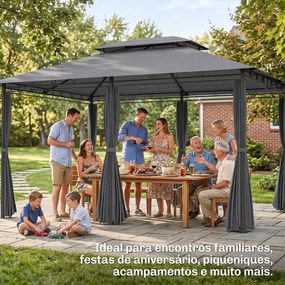 Pérgola de Jardim 3x4 m com Teto Duplo 6 Paredes Laterais Estrutura Metálica Drenagem Pérgola para Exterior  Cinzento