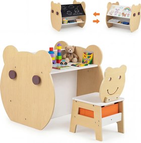 Mesa e cadeira infantil 3 em 1 com tema de urso, secretária infantil com quadro de giz de dupla face, estante, ganchos e gaveta, para crianças dos 3 a