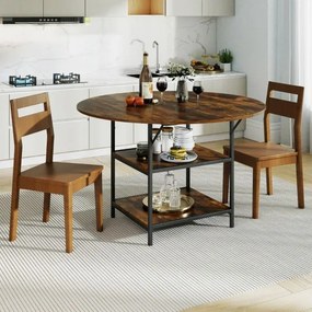 Mesa de Jantar Redonda 120 CM para 4-6 Pessoas de Cozinha Estilo Rústico com Estante Aberta de 2 Níveis Estrutura Metálica Castanha