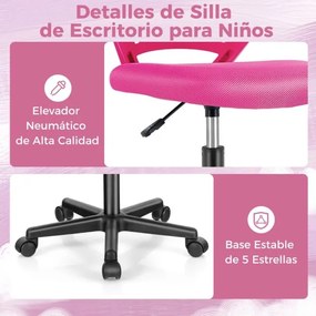 Cadeira de secretária ergonómica para crianças, ajustável em altura Cadeira giratória sem braços com rodas universais para o escritório em casa Rosa