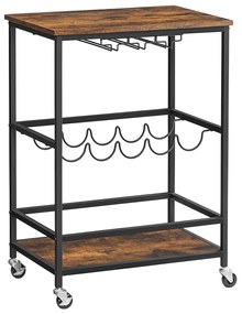 VASAGLE LRC087B01 Carrinho de cozinha com rodas, prateleiras, porta-copos e garrafas, 60 x 40 x 75 cm, design industrial, vintage, marrom/preto