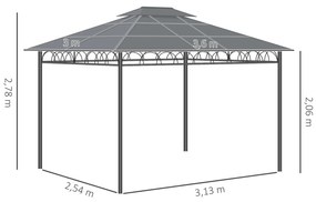 Pérgola de Jardim 3,6x3m Pérgola de Exterior com Teto Duplo de Policarbonato 4 Cortinas Laterais Mosquiteiras com Zíper e Estrutura de Alumínio para P