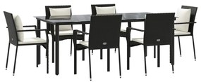 7 pcs conjunto de jantar p/ jardim c/ almofadões vime PE preto
