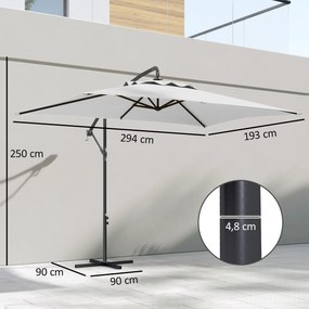 Guarda-sol retangular 294 x 193 x 250 cm de exterior com haste lateral, manivela e 6 varas de aço, proteção UV, creme