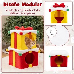 Casa de Natal para gatos de 2 andares em forma de presentes Casa para gatos empilhável com laço Mobiliário para gatos de interior com 2 camas