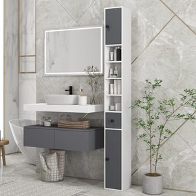 Coluna Casa de Banho Moderna com 1 Gaveta 5 Prateleiras Ajustáveis e 2 Armários 20x20x180 cm Cinza