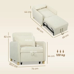 Poltrona Cama Estofado em Veludo Ecológico com Encosto Ajustável 3 Níveis 6 Bolsos Laterais 74x85,5x82 cm Bege