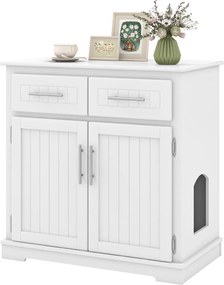 Caixa de areia para gatos 80 x 45 x 80 cm com compartimento oculto com 2 gavetas. Portas duplas com arrumação Branco