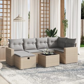 vidaXL 7 pcs conj. sofás jardim c/ almofadões vime PE bege misturado