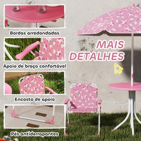 Conjunto Infantil de Mesa e Cadeiras de Jardim de 4 Peças Cadeiras Dobráveis Chapéu de Sol Desmontável Design Unicórnios Rosa