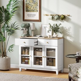 Aparador Branco 3 Portas de Vidro Aparador Sala de Estar Moderno com 2 Gavetas e Prateleiras Ajustáveis 100x35x80,3 cm