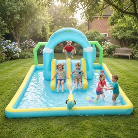 Castelo Insuflável Aquático 7 em 1 com Insuflador 450W 2 Escorregas Trampolim Piscina Cesto Coluna de Boxe 426x360x198 cm Multicor