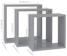 Prateleiras de parede em forma de cubo 3 pcs MDF cinzento