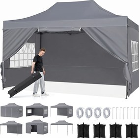 Tenda dobrável 431 x 291 cm, pop-up com 4 paredes amovíveis, altura ajustável, 4 x Sacos de areia, saco de transporte, rodas, impermeável, para pátio,