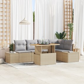 vidaXL Conjunto de Jantar de 6 Peças com Almofadas Bege Rattan PE Acácia