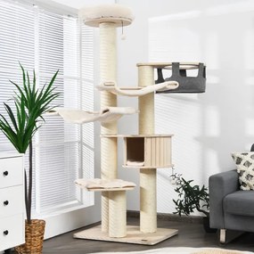 Arranhador de gato multinível de 197 cm, redes e cesto de jogo suspenso, casa de gato vertical branco
