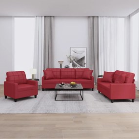 vidaXL 3 pcs conjunto sofás c/ almofadas couro artif. vermelho tinto
